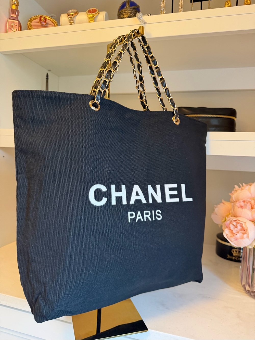 CHANEL NIP GWP Paris Parfum Black Canvas Tote with Gold Chain Detail - Picture 6 of 16
